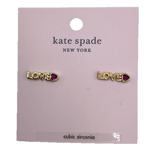 Kate Spade Love & Heart Stud Earrings Ruby Red Gold Tone Mini Studs Jewelry Gift - Picture 4 of 5